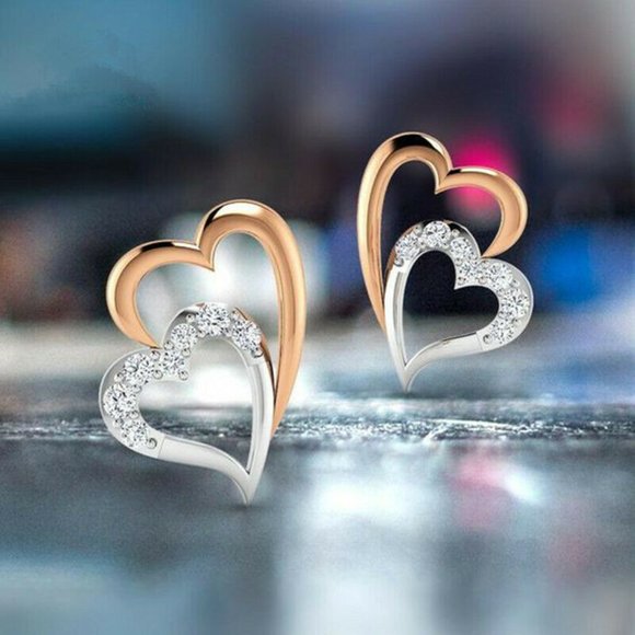 Jewelry - NEW 14k Rose Gold Sterling Silver Diamond Double Heart Studs